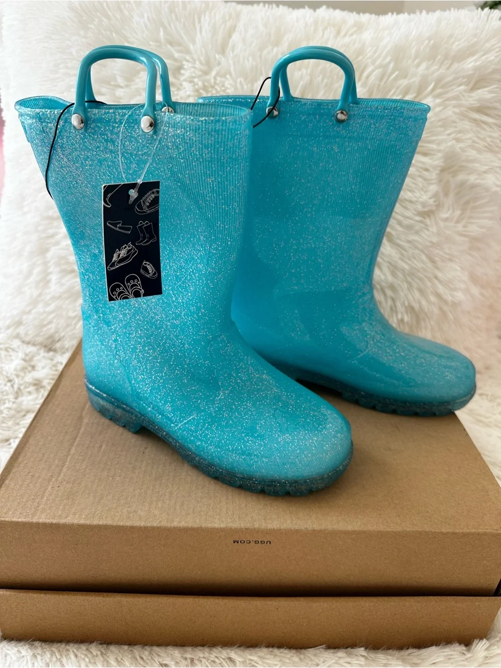 Girls Turquoise Glitter Rain Boots Waterproof Pull On Rubber Boots Size 1 NWT